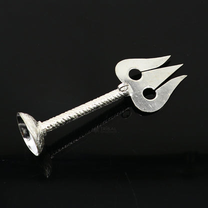Handmade 4-inch sterling silver Lord Shiva trident (Trishul) with intricate craftsmanship, ideal for puja and collectible worship articles.