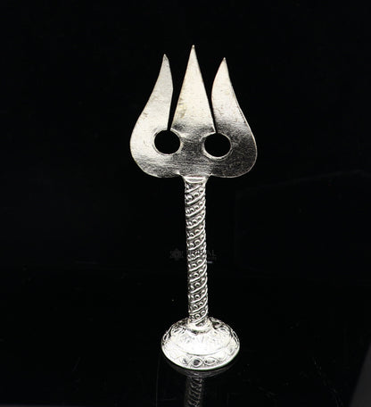 Sterling silver handmade Lord Shiva trident (trishul) by Tribal Ornaments, showcasing detailed craftsmanship, ideal for puja.