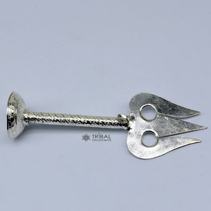 Handmade 4-inch 925 sterling silver Lord Shiva trident, crafted with intricate details, ideal for puja and religious offerings.