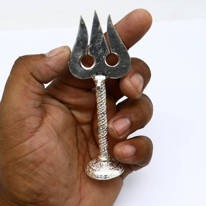 Handmade 4-inch 925 sterling silver Lord Shiva trident with intricate craftsmanship, a sacred Mahadev trishul for puja and collection.
