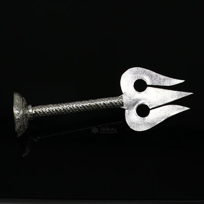 Sterling silver handmade Lord Shiva Trishul, 4-inch craft with intricate details, a sacred collectible for puja rituals.