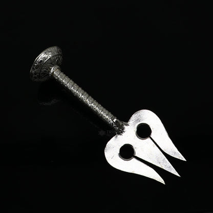 Handmade 4-inch 925 sterling silver Lord Shiva trident (Trishul) with intricate craftsmanship, a unique collectible puja article.