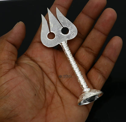 Sterling silver handmade Lord Shiva trident (trishul) with intricate craftsmanship, ideal for puja and religious collection.