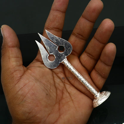 Sterling silver Lord Shiva trident (Trishul) with detailed craftsmanship, a collectible puja article from Tribal Ornaments.