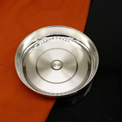 Handmade 4-inch 999 fine silver tray with intricate designs, ideal for baby food, gifting, or puja utensils by Tribal Ornaments.