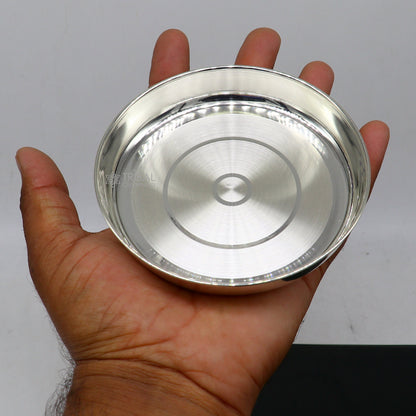 Handmade 4-inch 999 fine silver tray from Tribal Ornaments, ideal for baby food, puja utensils, and silver articles.