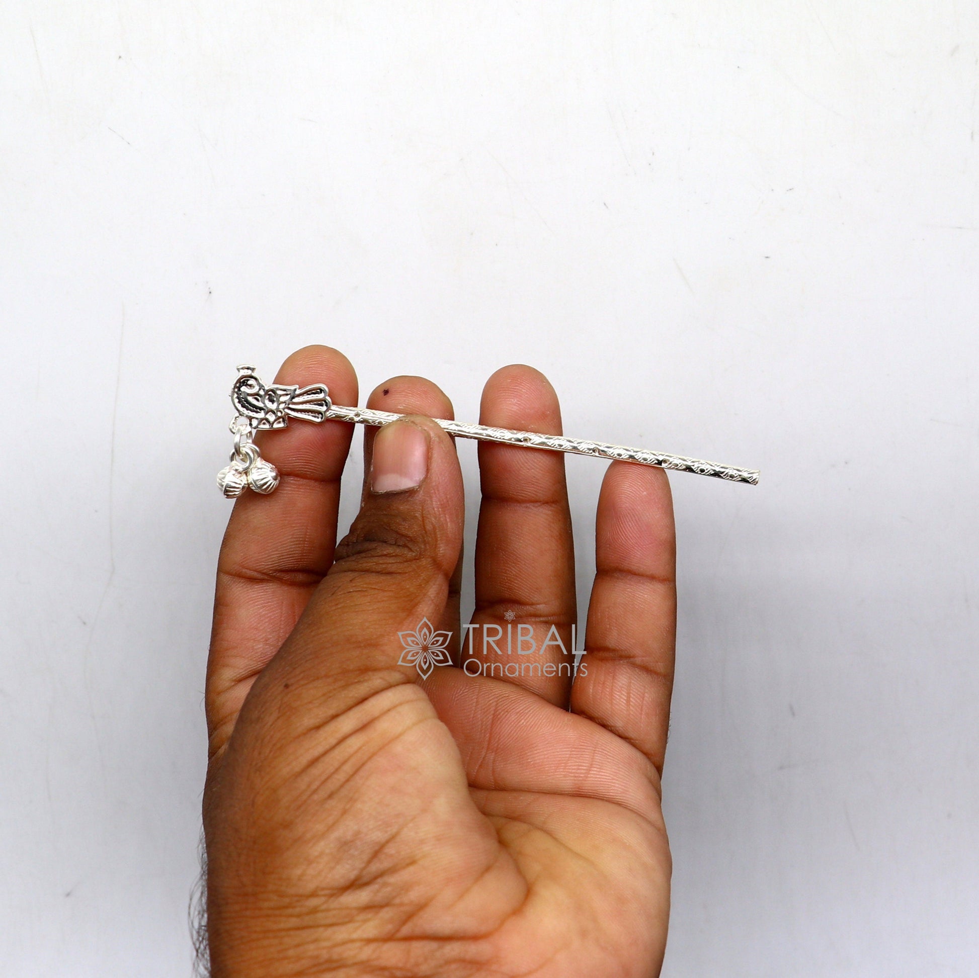 4" Flute divine 925 sterling silver handmade peacock design idol Krishna flute, silver bansuri, laddu Gopala flute, Krishna flute su1125 - TRIBAL ORNAMENTS