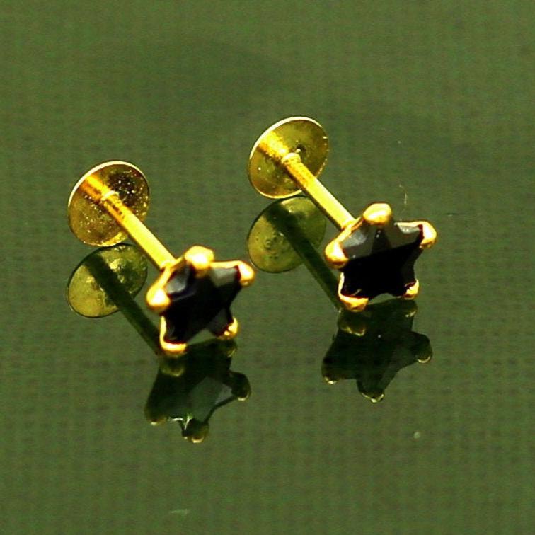 4 mm single black stone 18 kt yellow gold handmade star shape design fabulous screw back stud earring use as nose pin unisex jewelry er118 - TRIBAL ORNAMENTS