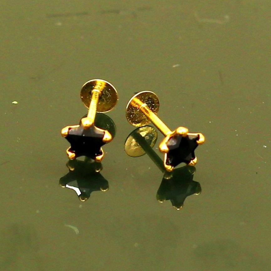 4 mm single black stone 18 kt yellow gold handmade star shape design fabulous screw back stud earring use as nose pin unisex jewelry er118 - TRIBAL ORNAMENTS