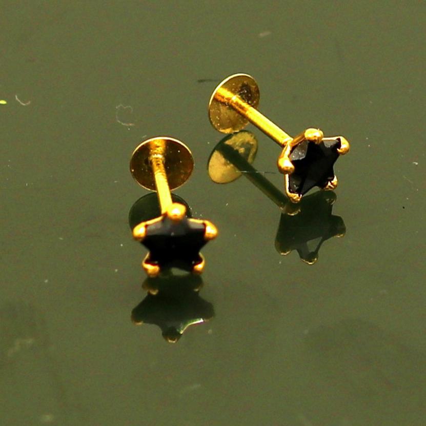 4 mm single black stone 18 kt yellow gold handmade star shape design fabulous screw back stud earring use as nose pin unisex jewelry er118 - TRIBAL ORNAMENTS