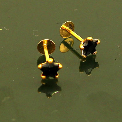 4 mm single black stone 18 kt yellow gold handmade star shape design fabulous screw back stud earring use as nose pin unisex jewelry er118 - TRIBAL ORNAMENTS
