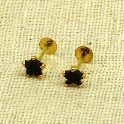 4 mm single black stone 18 kt yellow gold handmade star shape design fabulous screw back stud earring use as nose pin unisex jewelry er118 - TRIBAL ORNAMENTS
