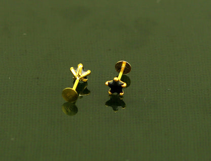 4 mm single black stone 18 kt yellow gold handmade star shape design fabulous screw back stud earring use as nose pin unisex jewelry er118 - TRIBAL ORNAMENTS