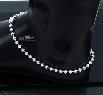 Sterling silver 4mm beaded ball chain anklet from TRIBAL ORNAMENTS, lightweight and delicate silver jewelry for belly dance and casual wear.