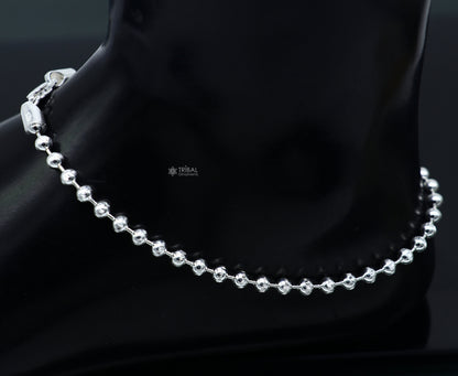 Sterling silver 4mm beaded ball chain anklet with delicate design, lightweight belly dance jewelry from TRIBAL ORNAMENTS.