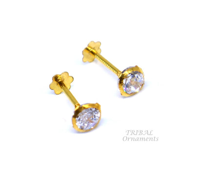 4mm 18k yellow gold handmade fabulous cubic zircon stone excellent antique vintage design stud earrings pair unisex jewelry er157 - TRIBAL ORNAMENTS