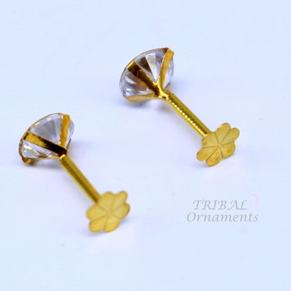 4mm 18k yellow gold handmade fabulous cubic zircon stone excellent antique vintage design stud earrings pair unisex jewelry er157 - TRIBAL ORNAMENTS