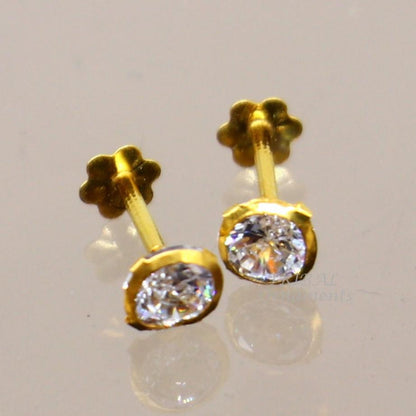 4mm 18k yellow gold handmade fabulous cubic zircon stone excellent antique vintage design stud earrings pair unisex jewelry er157 - TRIBAL ORNAMENTS