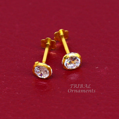 4mm 18k yellow gold handmade fabulous cubic zircon stone excellent antique vintage design stud earrings pair unisex jewelry er157 - TRIBAL ORNAMENTS