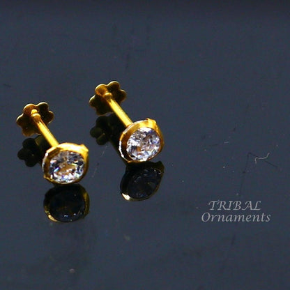 4mm 18k yellow gold handmade fabulous cubic zircon stone excellent antique vintage design stud earrings pair unisex jewelry er157 - TRIBAL ORNAMENTS