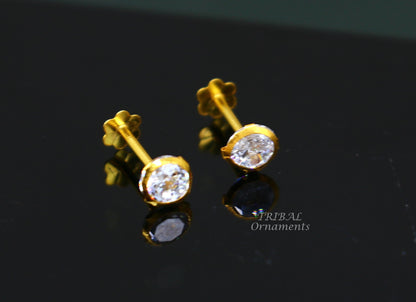 4mm 18k yellow gold handmade fabulous cubic zircon stone excellent antique vintage design stud earrings pair unisex jewelry er157 - TRIBAL ORNAMENTS