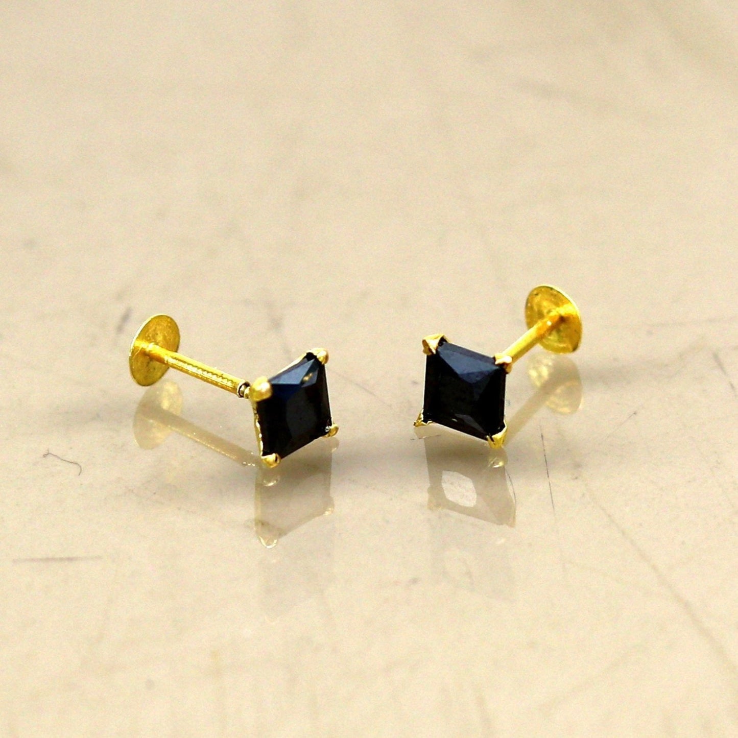 4mm 18kt yellow gold handmade single black stone stud earring, excellent light weight daily use customized gifting unisex jewelry er106 - TRIBAL ORNAMENTS