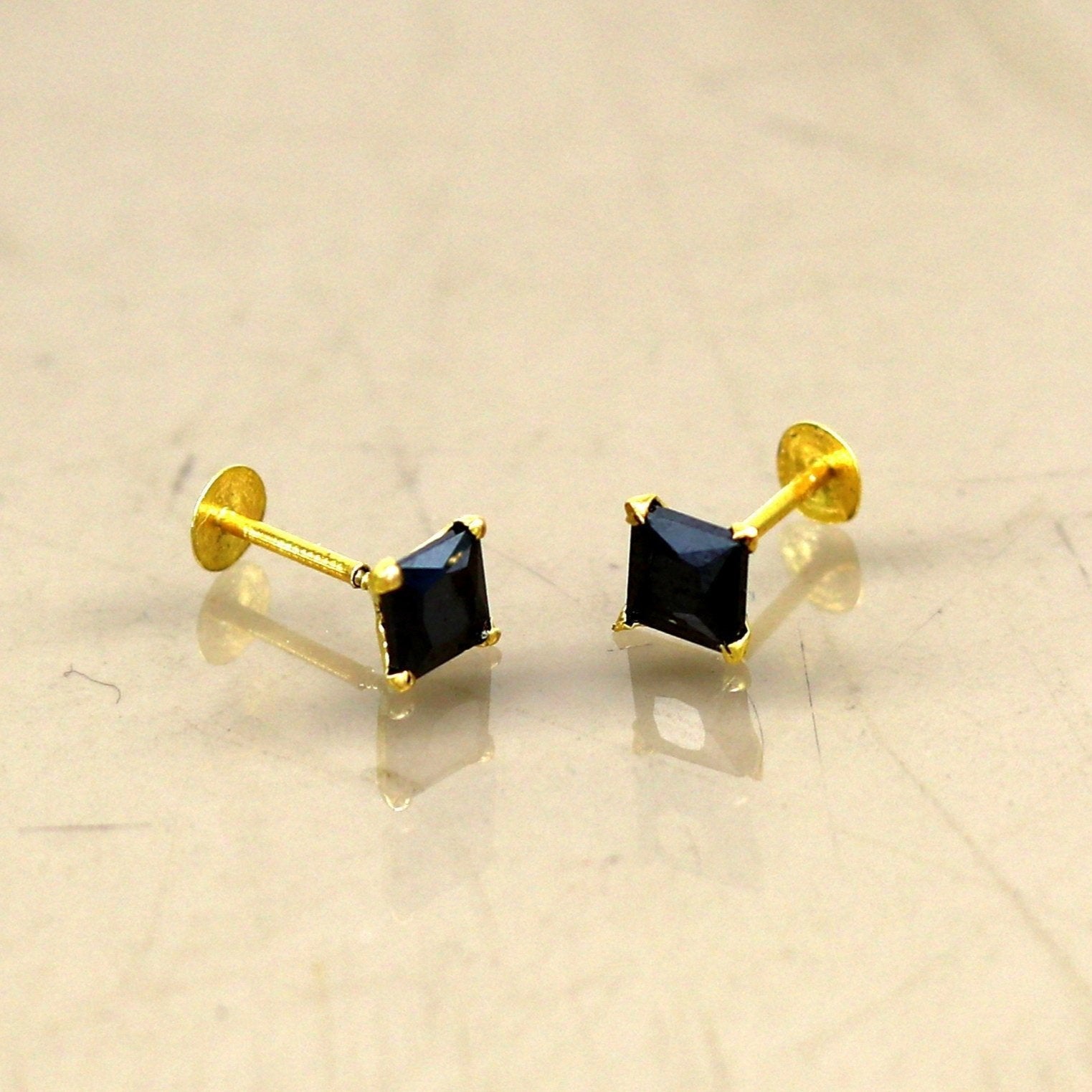 4mm 18kt yellow gold handmade single black stone stud earring, excellent light weight daily use customized gifting unisex jewelry er106 - TRIBAL ORNAMENTS