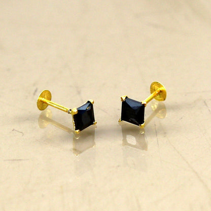 4mm 18kt yellow gold handmade single black stone stud earring, excellent light weight daily use customized gifting unisex jewelry er106 - TRIBAL ORNAMENTS