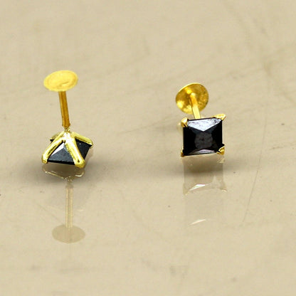 4mm 18kt yellow gold handmade single black stone stud earring, excellent light weight daily use customized gifting unisex jewelry er106 - TRIBAL ORNAMENTS