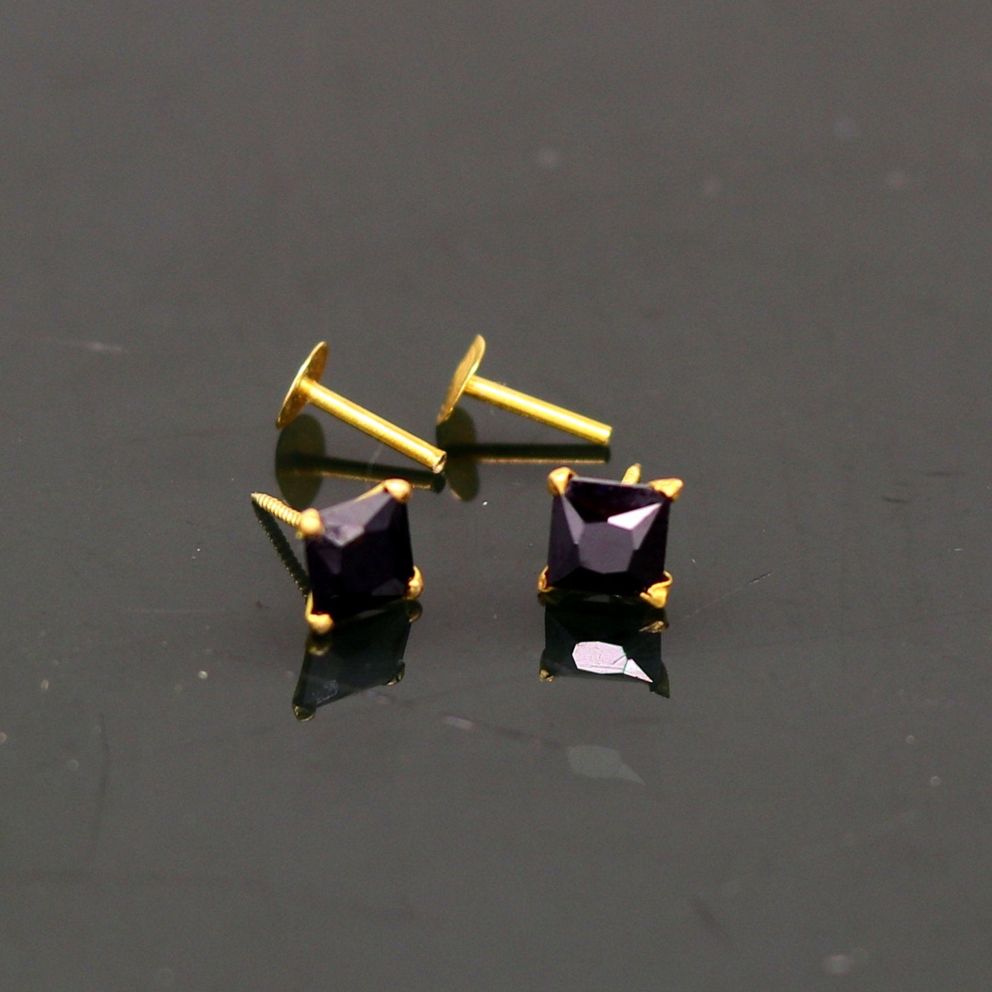 4mm 18kt yellow gold handmade single black stone stud earring, excellent light weight daily use customized gifting unisex jewelry er106 - TRIBAL ORNAMENTS
