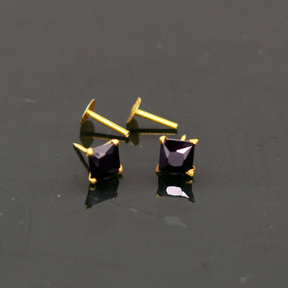 4mm 18kt yellow gold handmade single black stone stud earring, excellent light weight daily use customized gifting unisex jewelry er106 - TRIBAL ORNAMENTS