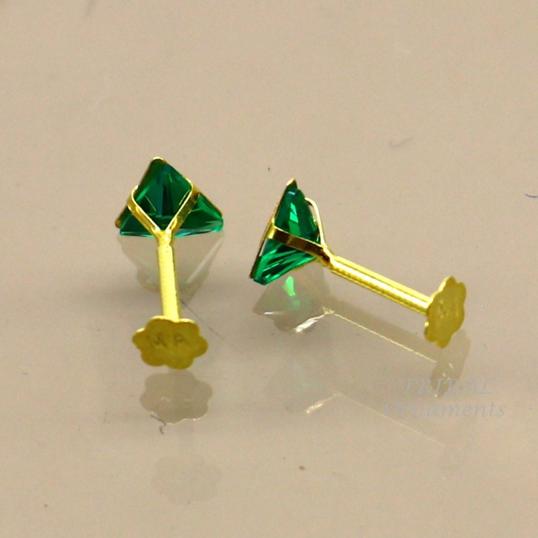 4mm 18kt yellow gold handmade single green stone Triangle shape stud earring cartilage earring customized unisex screw back jewelry er151 - TRIBAL ORNAMENTS