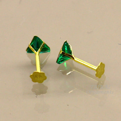 4mm 18kt yellow gold handmade single green stone Triangle shape stud earring cartilage earring customized unisex screw back jewelry er151 - TRIBAL ORNAMENTS