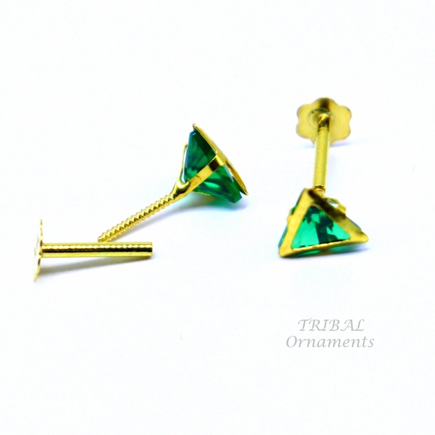 4mm 18kt yellow gold handmade single green stone Triangle shape stud earring cartilage earring customized unisex screw back jewelry er151 - TRIBAL ORNAMENTS