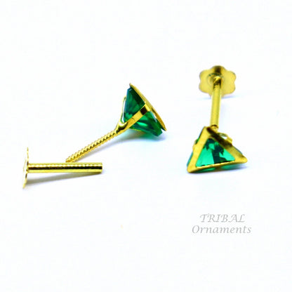 4mm 18kt yellow gold handmade single green stone Triangle shape stud earring cartilage earring customized unisex screw back jewelry er151 - TRIBAL ORNAMENTS
