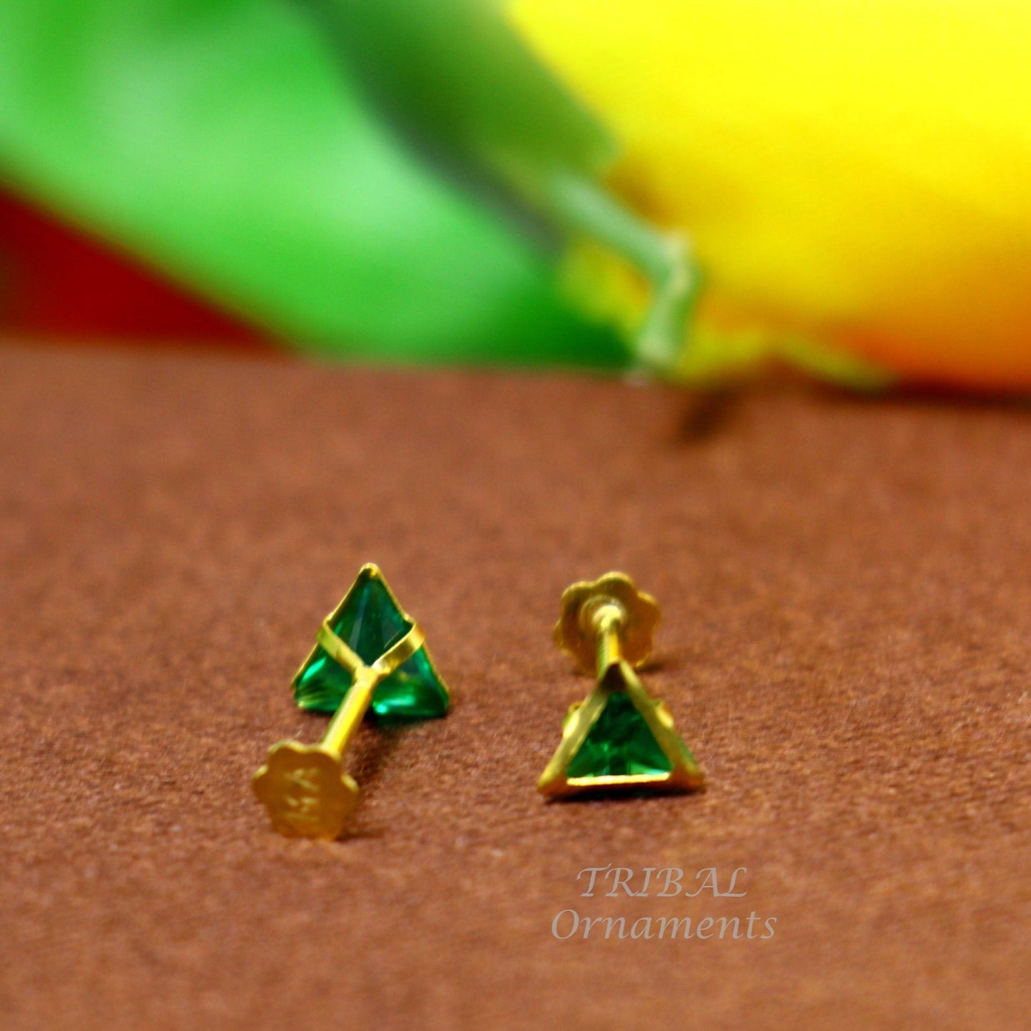 4mm 18kt yellow gold handmade single green stone Triangle shape stud earring cartilage earring customized unisex screw back jewelry er151 - TRIBAL ORNAMENTS