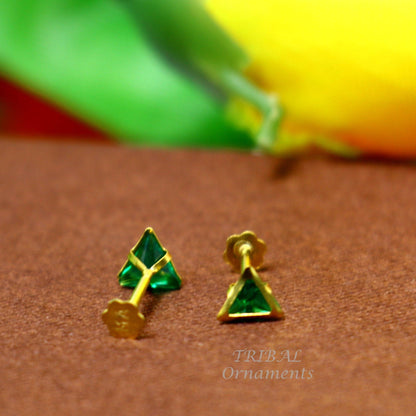 4mm 18kt yellow gold handmade single green stone Triangle shape stud earring cartilage earring customized unisex screw back jewelry er151 - TRIBAL ORNAMENTS