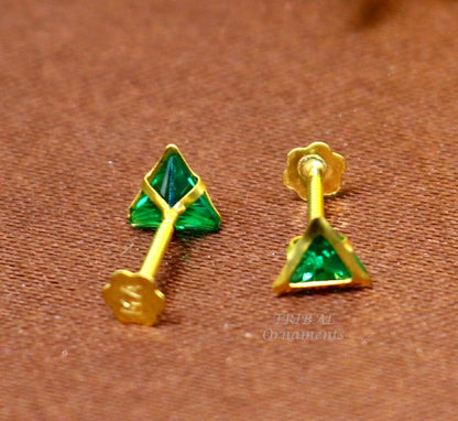 4mm 18kt yellow gold handmade single green stone Triangle shape stud earring cartilage earring customized unisex screw back jewelry er151 - TRIBAL ORNAMENTS