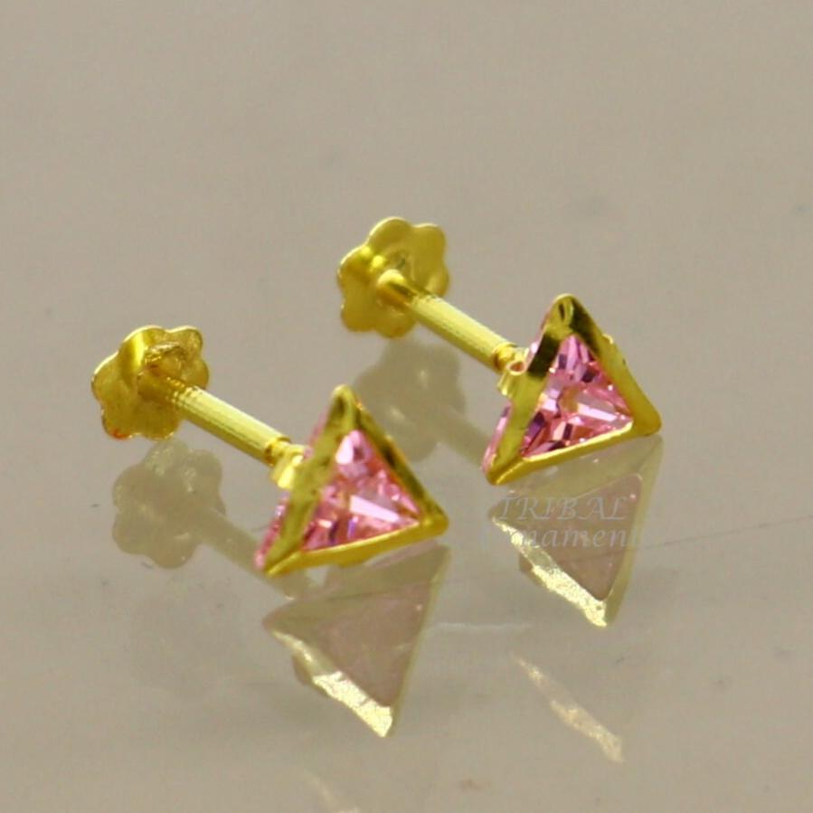 4mm 18kt yellow gold handmade single Pink stone Triangle shape stud earring cartilage earring customized unisex screw back jewelry er153 - TRIBAL ORNAMENTS