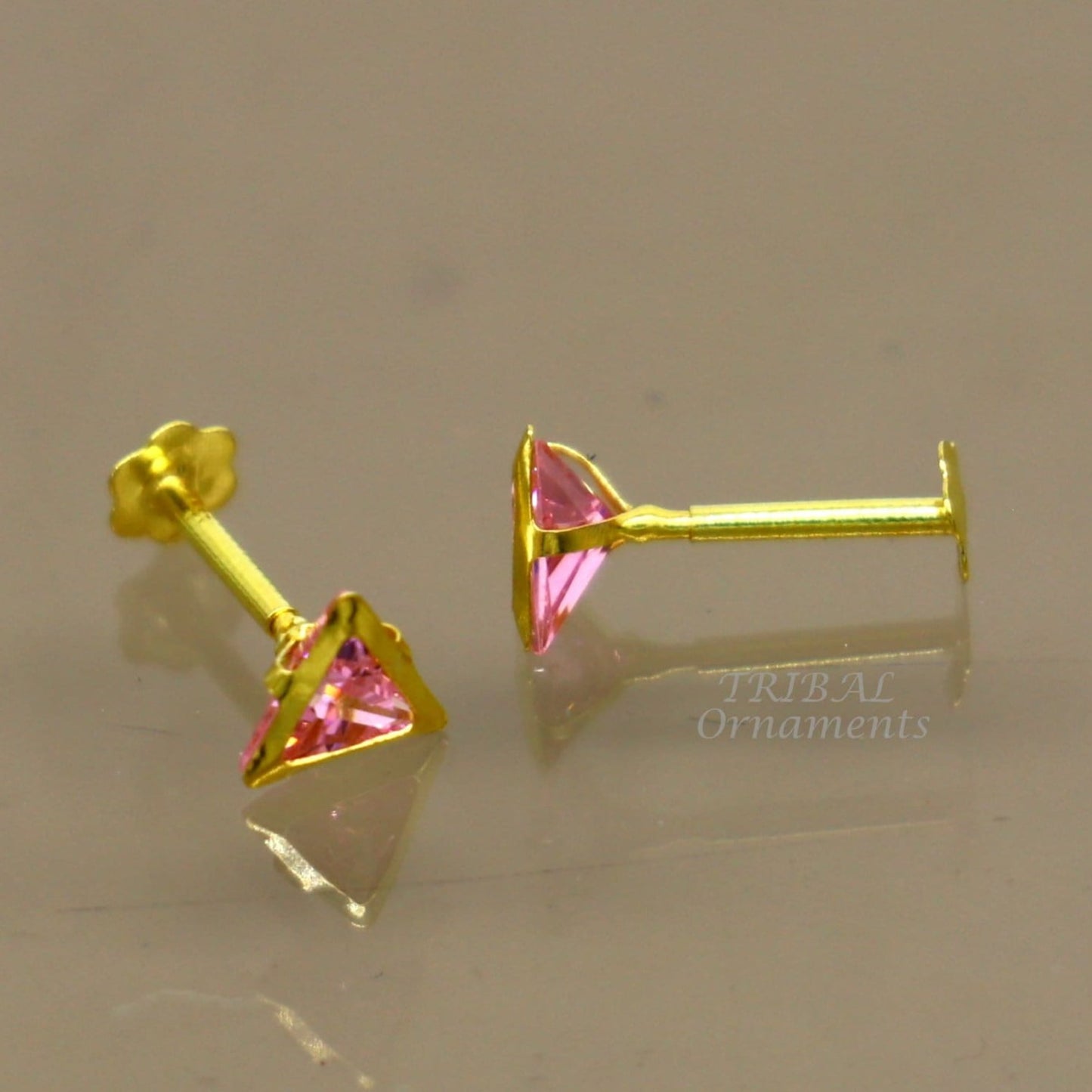 4mm 18kt yellow gold handmade single Pink stone Triangle shape stud earring cartilage earring customized unisex screw back jewelry er153 - TRIBAL ORNAMENTS