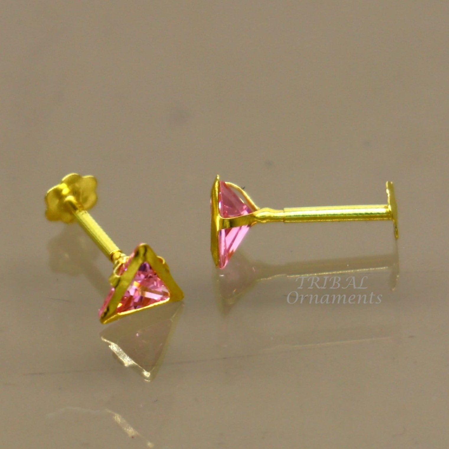 4mm 18kt yellow gold handmade single Pink stone Triangle shape stud earring cartilage earring customized unisex screw back jewelry er153 - TRIBAL ORNAMENTS