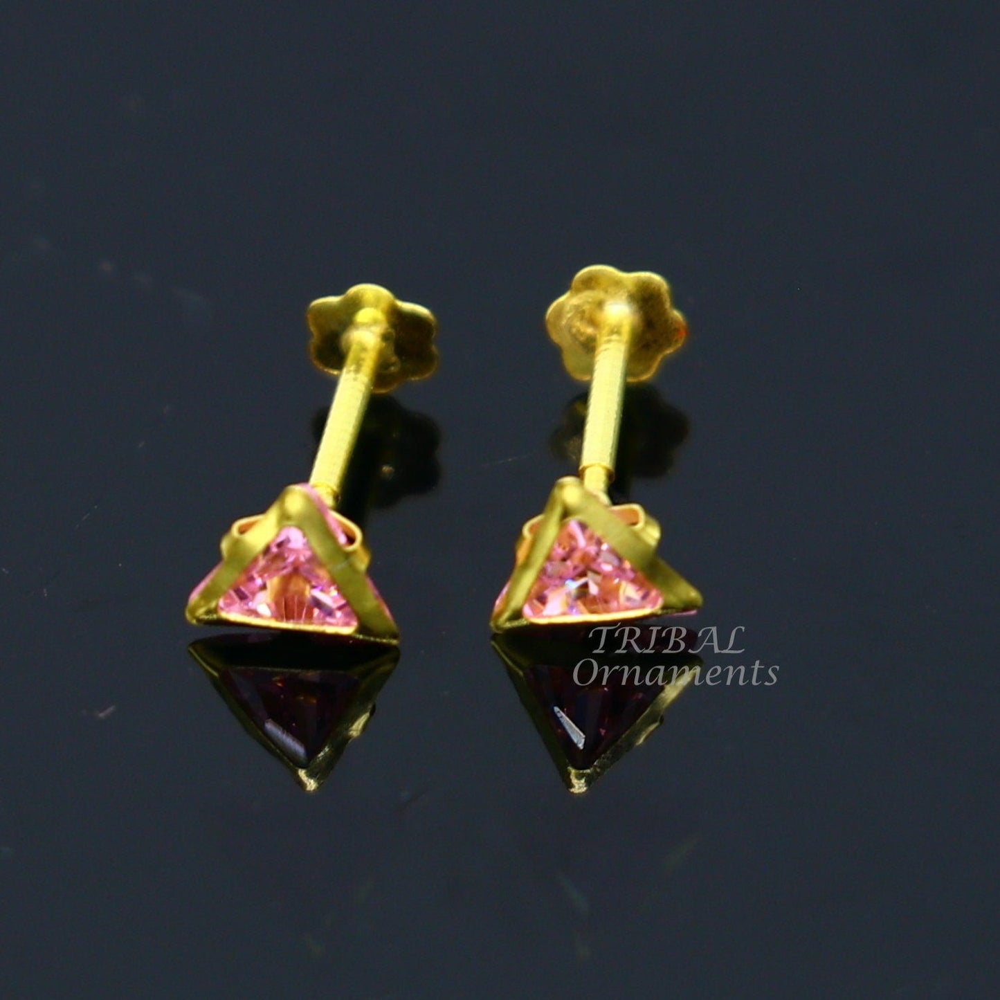 4mm 18kt yellow gold handmade single Pink stone Triangle shape stud earring cartilage earring customized unisex screw back jewelry er153 - TRIBAL ORNAMENTS