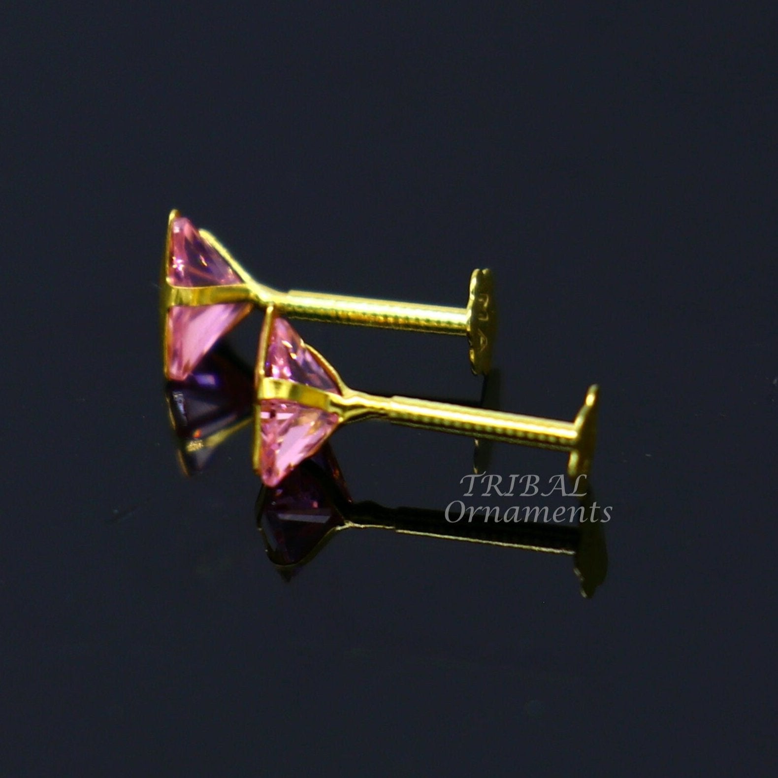 4mm 18kt yellow gold handmade single Pink stone Triangle shape stud earring cartilage earring customized unisex screw back jewelry er153 - TRIBAL ORNAMENTS
