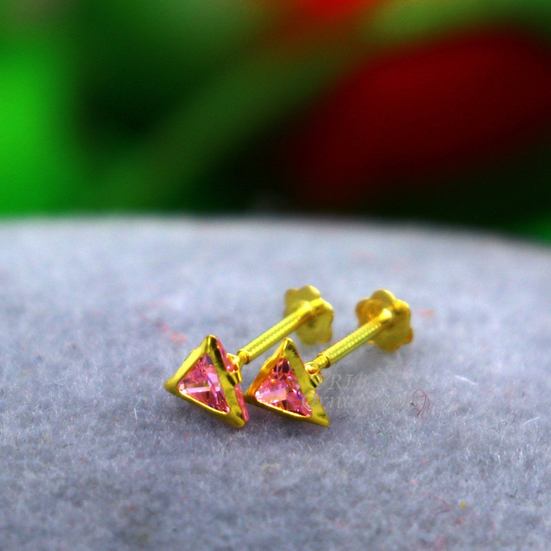 4mm 18kt yellow gold handmade single Pink stone Triangle shape stud earring cartilage earring customized unisex screw back jewelry er153 - TRIBAL ORNAMENTS