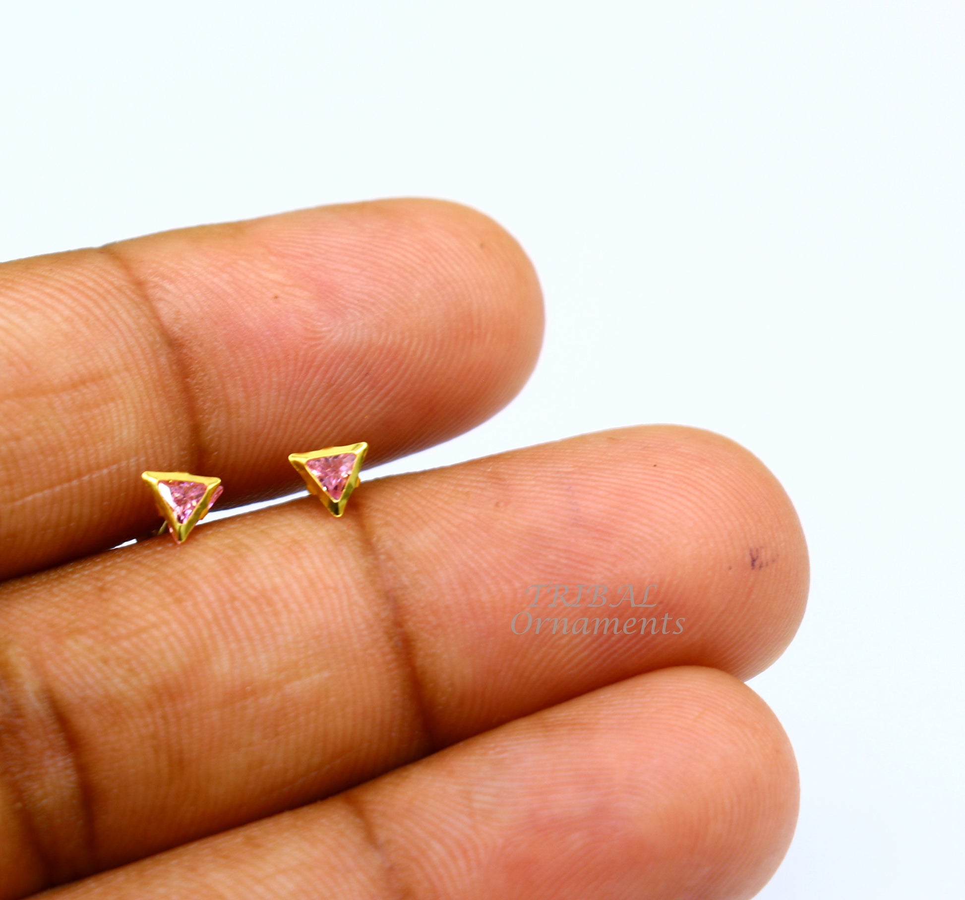 4mm 18kt yellow gold handmade single Pink stone Triangle shape stud earring cartilage earring customized unisex screw back jewelry er153 - TRIBAL ORNAMENTS