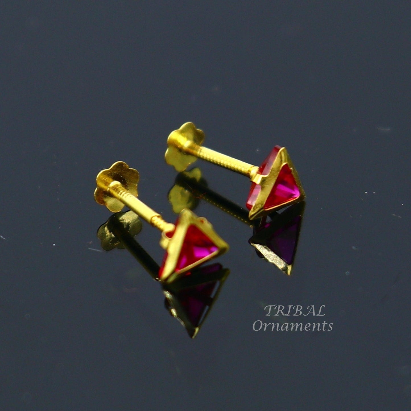 4mm 18kt yellow gold handmade single red stone Triangle shape stud earring cartilage earring customized unisex screw back jewelry er152 - TRIBAL ORNAMENTS