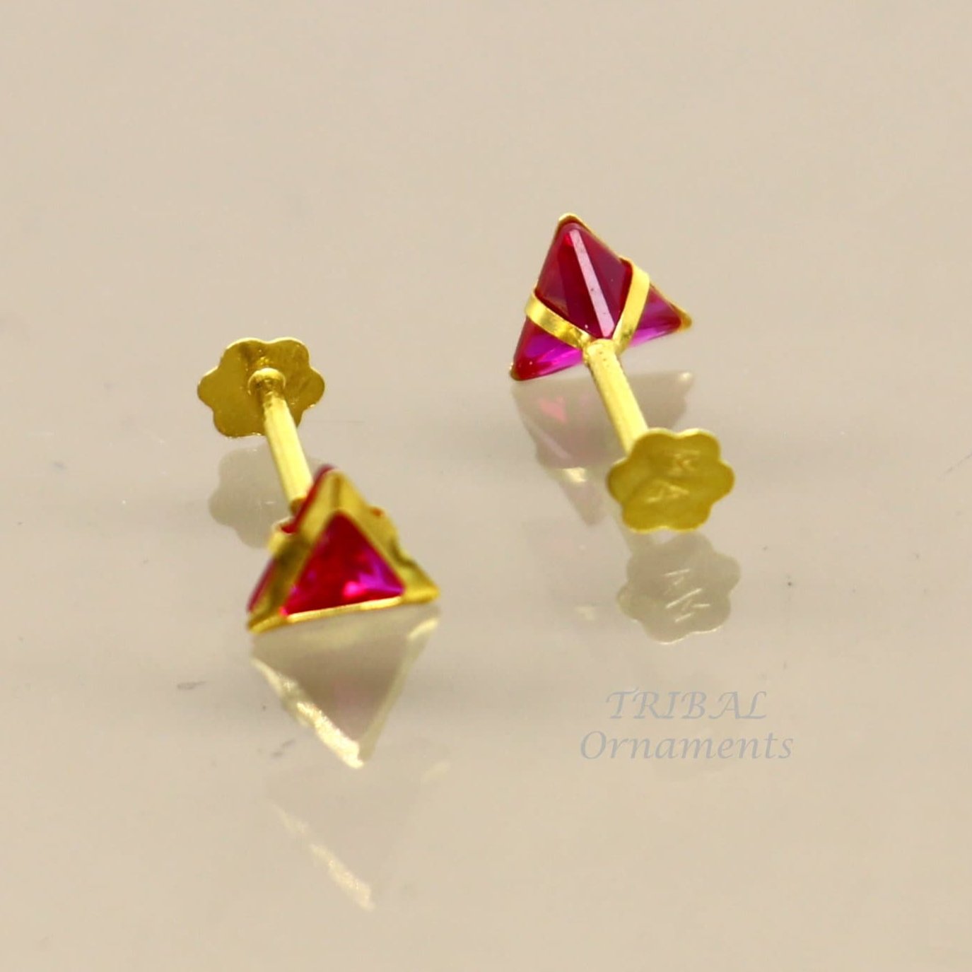 4mm 18kt yellow gold handmade single red stone Triangle shape stud earring cartilage earring customized unisex screw back jewelry er152 - TRIBAL ORNAMENTS