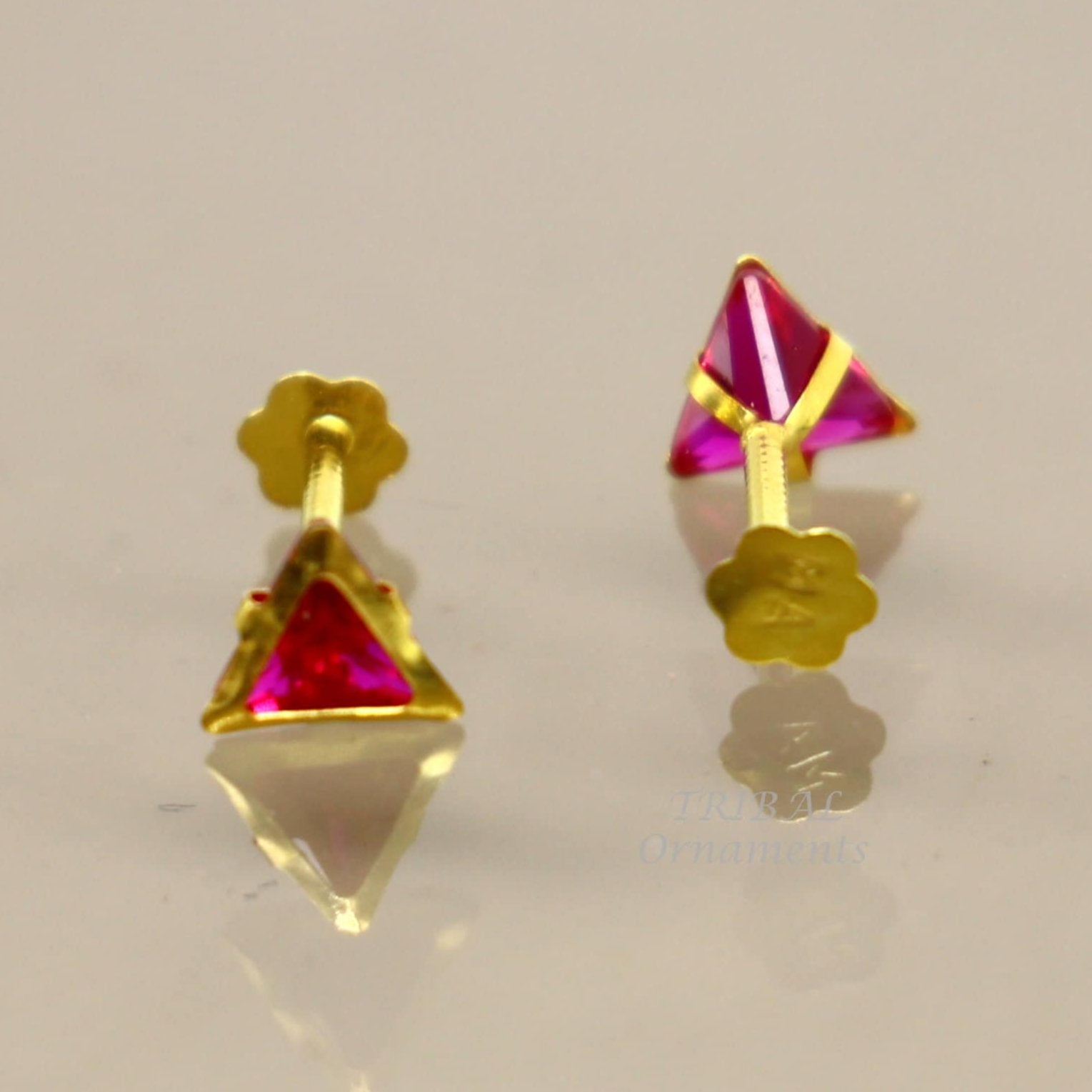 4mm 18kt yellow gold handmade single red stone Triangle shape stud earring cartilage earring customized unisex screw back jewelry er152 - TRIBAL ORNAMENTS