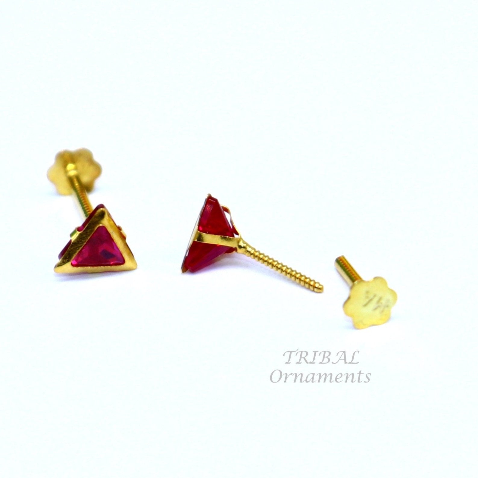 4mm 18kt yellow gold handmade single red stone Triangle shape stud earring cartilage earring customized unisex screw back jewelry er152 - TRIBAL ORNAMENTS