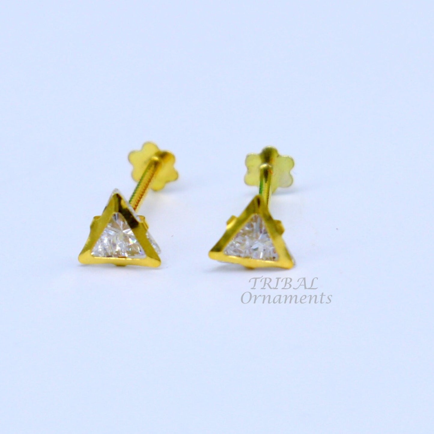 4mm 18kt yellow gold handmade single stone Triangle shape stud earring cartilage earring customized unisex screw back jewelry er154 - TRIBAL ORNAMENTS